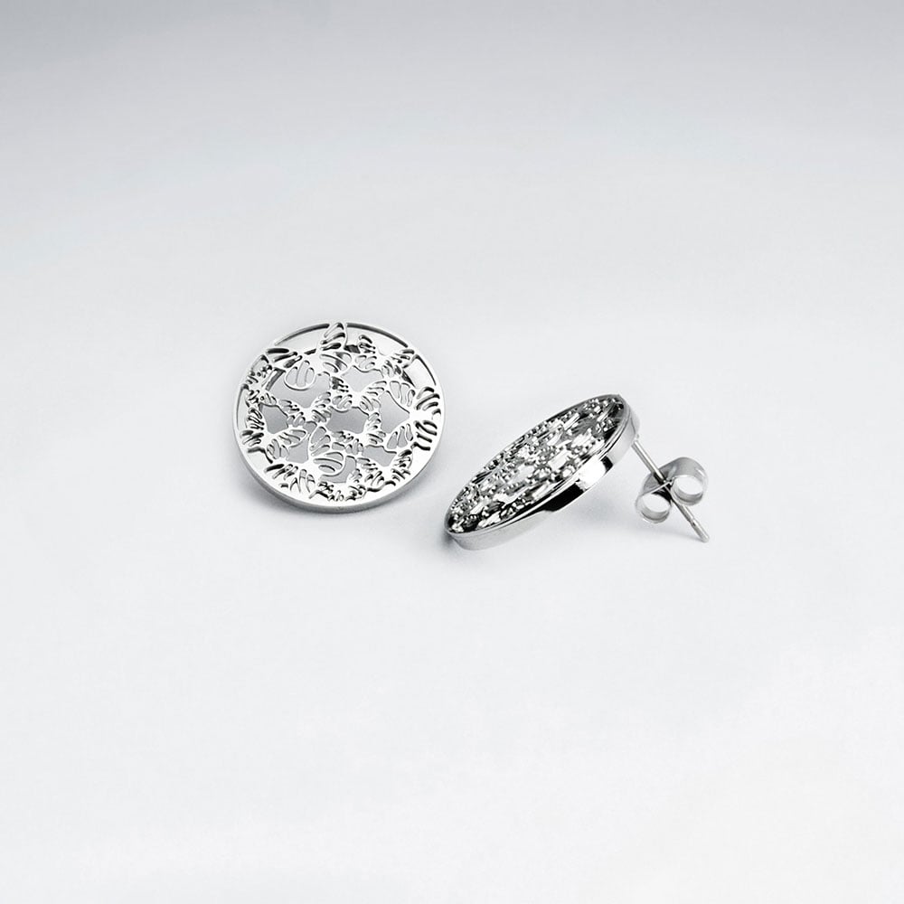 Stainless Steel Textured Cutout Designs Circle Stud Earrings