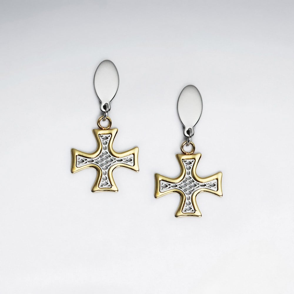 Stainless Steel Duel Tones Cross Textured Dangle Earrings