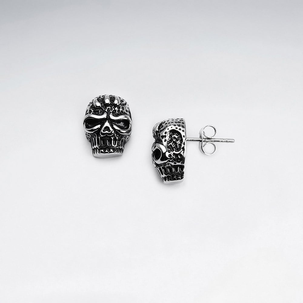Stainless Steel Oxidized Angry Skull Stud Earrings