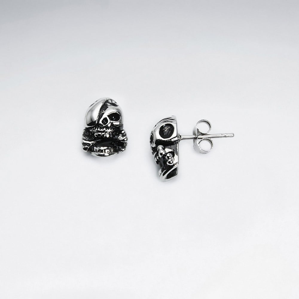 Stainless Steel Oxidized Pirate Skull Stud Earrings