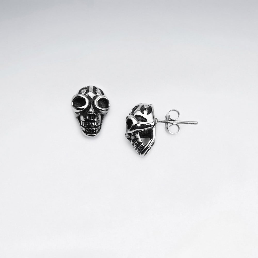 Stainless Steel Oxidized Alien Skull Stud Earrings