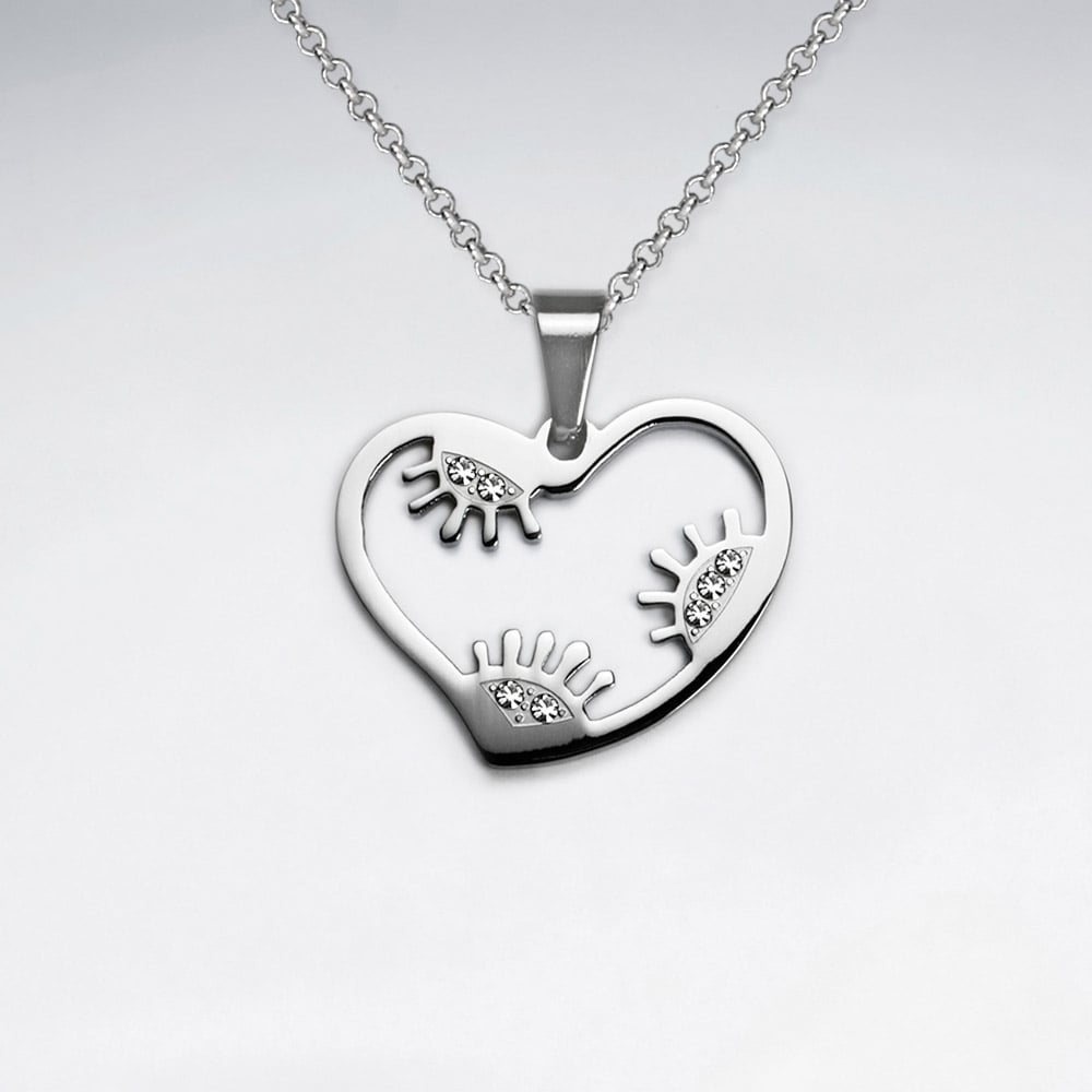 Silver Stainless Steel Cubic Zirconia Open Heart Happy Hands Pendant