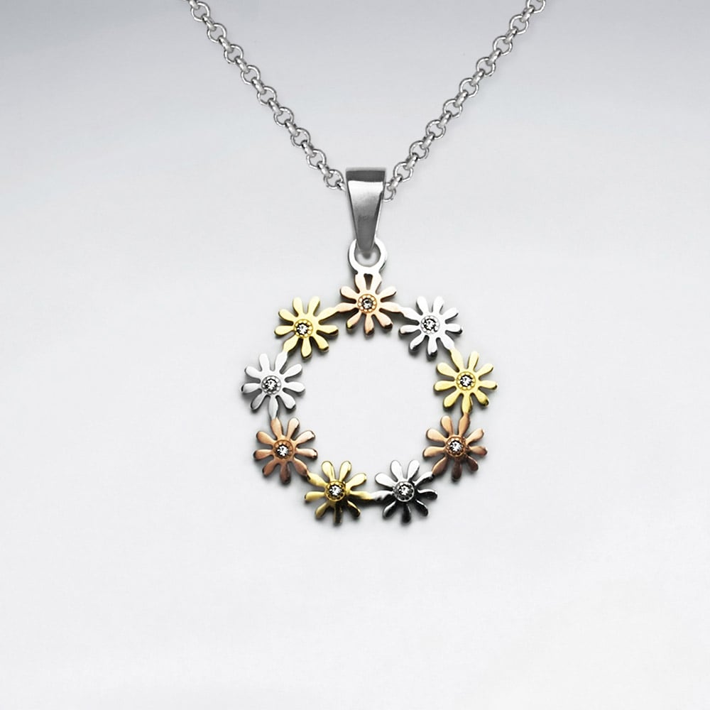 Stainless Steel Multi-Tone Cubic Zirconia Flower Wreath Pendant