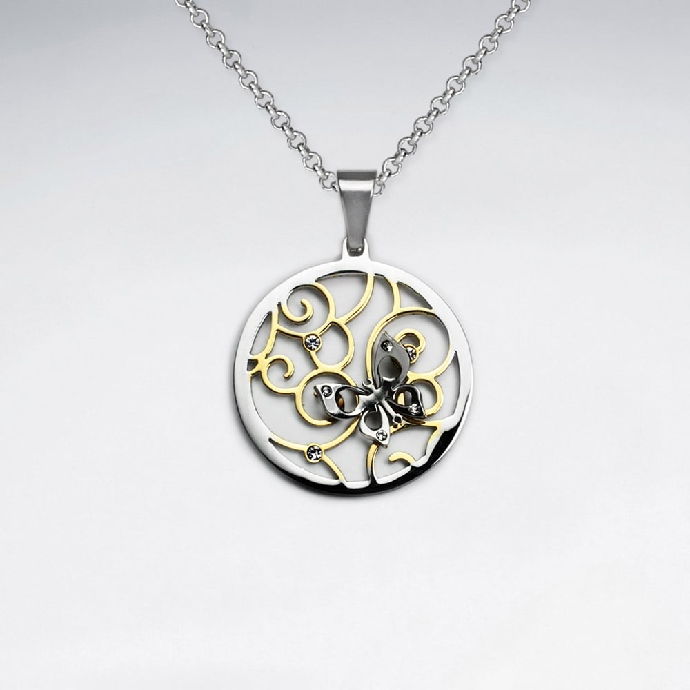 Stainless Steel Openwork Swirls Butterfly Silver & Yellow Cubic Zirconia Pendant