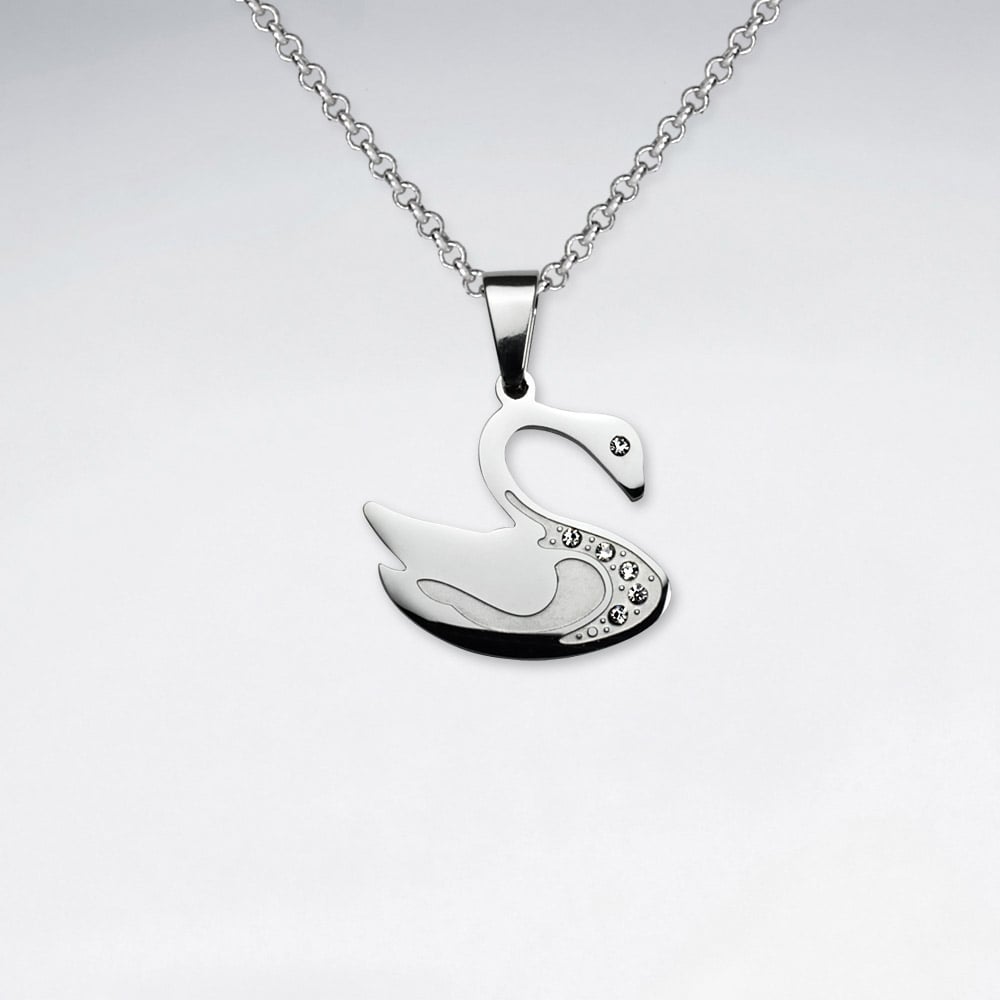 Stainless Steel Silver Cubic Zirconia Elegant Swan Pendant