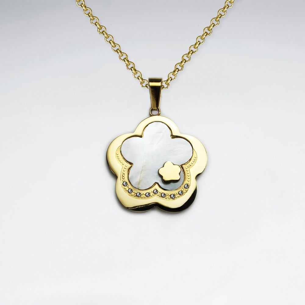 Stainless Steel Yellow Shell & Cubic Zirconia Flower Cover Pendant