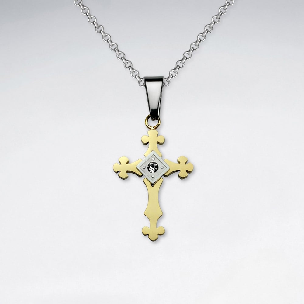 Stainless Steel Cubic Zirconia Ornate Designs Cross Pendant