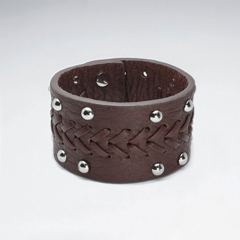 Wide Studded Stainless Steel Leather Bracelet
