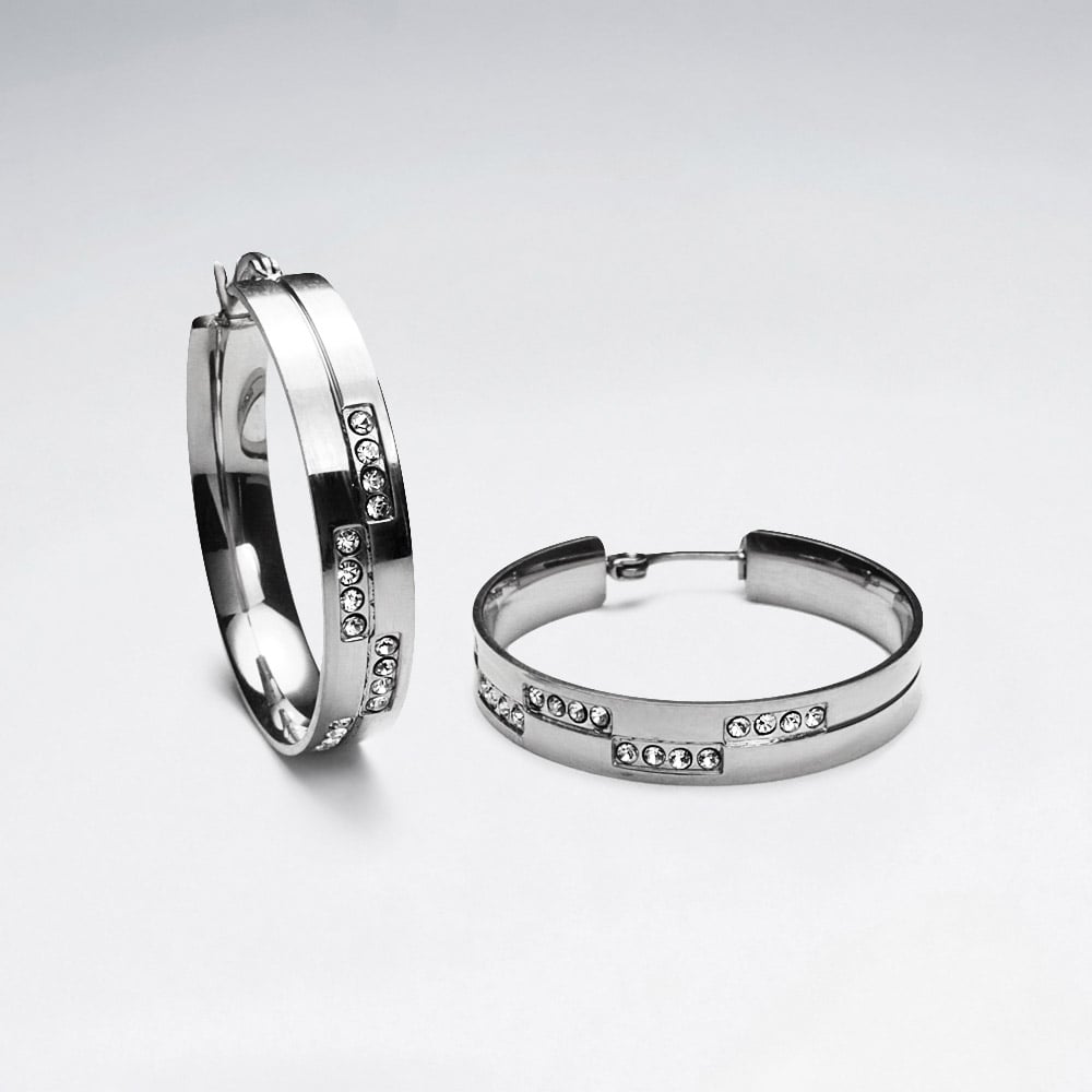 Stainless Steel & Crystal Grooved Spinner Hoop Earrings