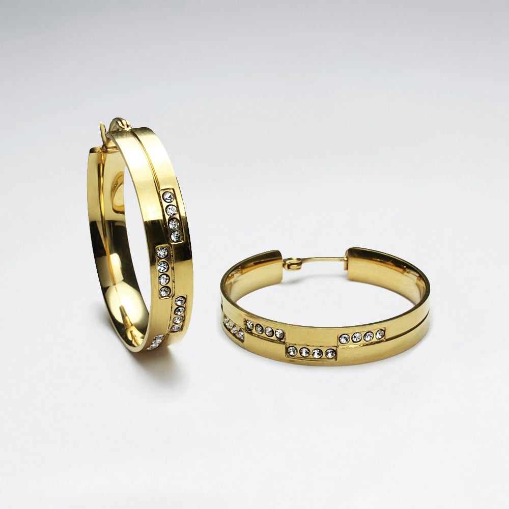 Stainless Steel & Crystal Grooved Spinner Hoop Earrings