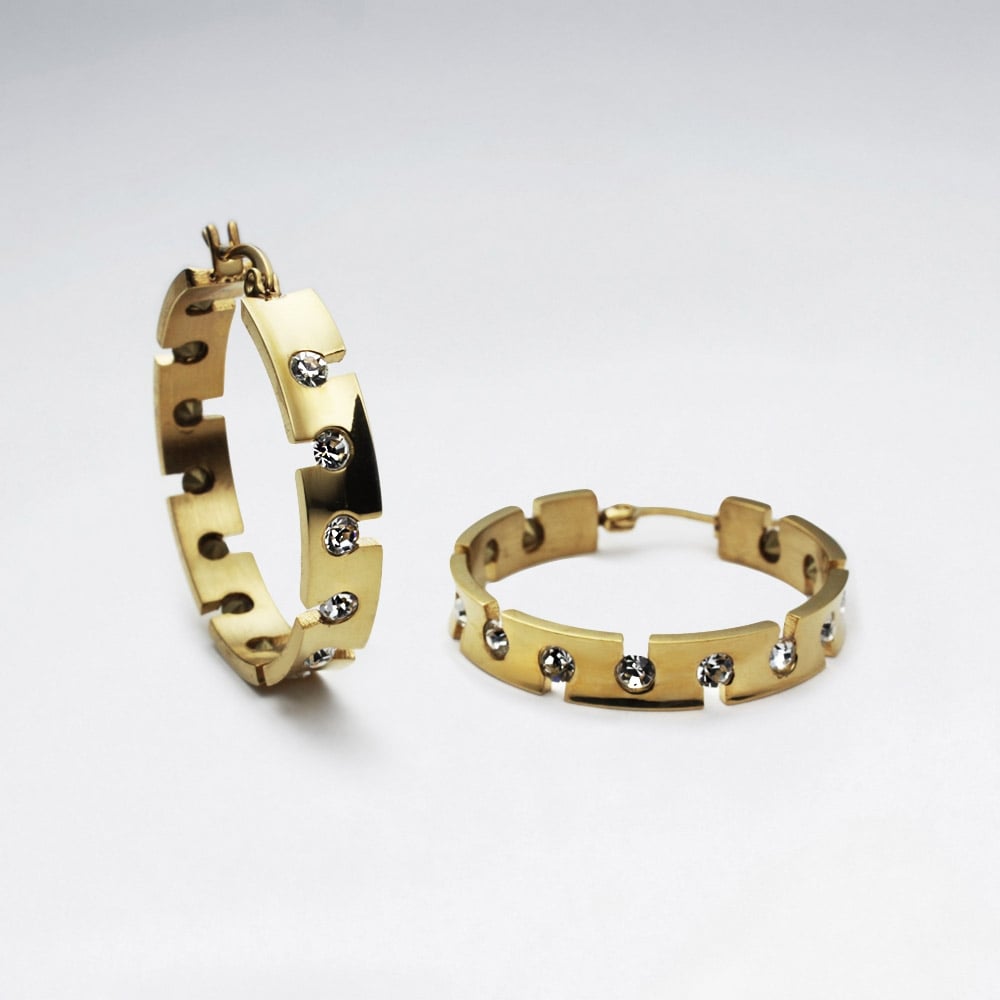 Mod Edge Stainless Steel & Crystal Studded Hoop Earrings