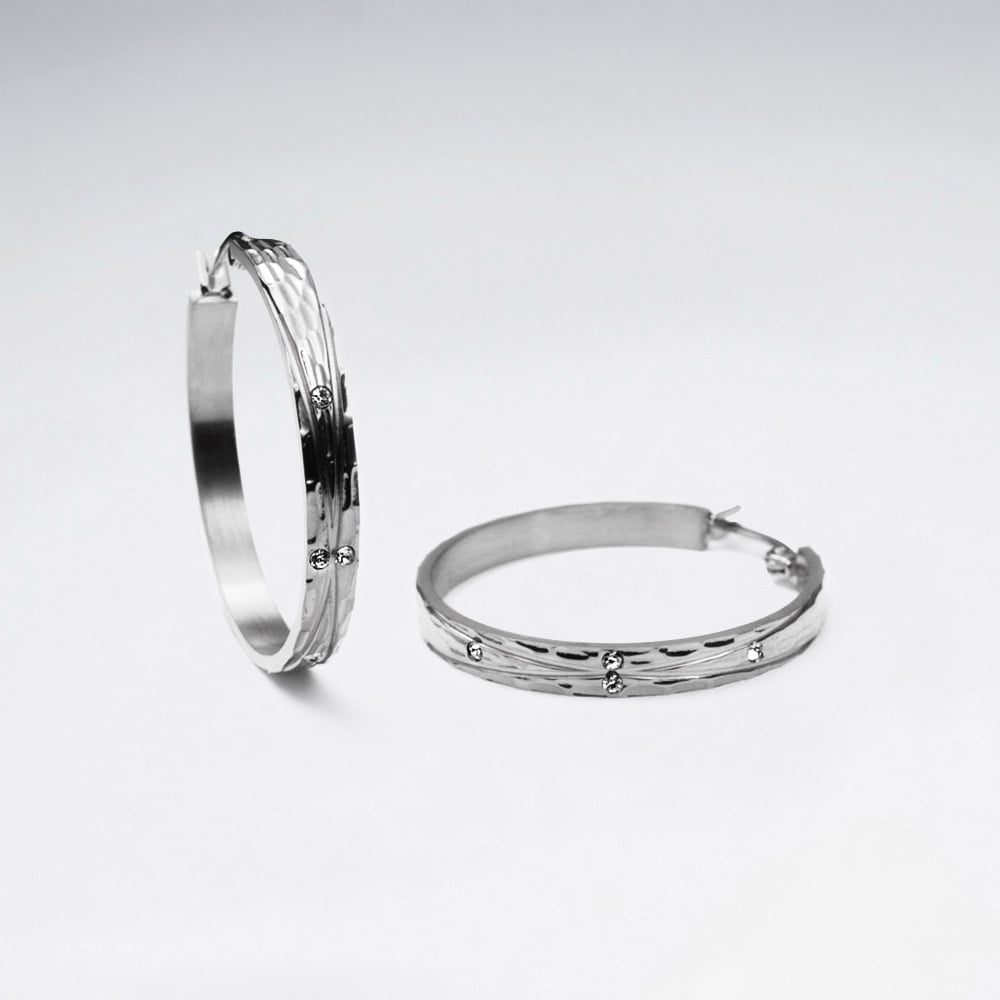 Stainless Steel & Crystal Textured Hoop Earrings