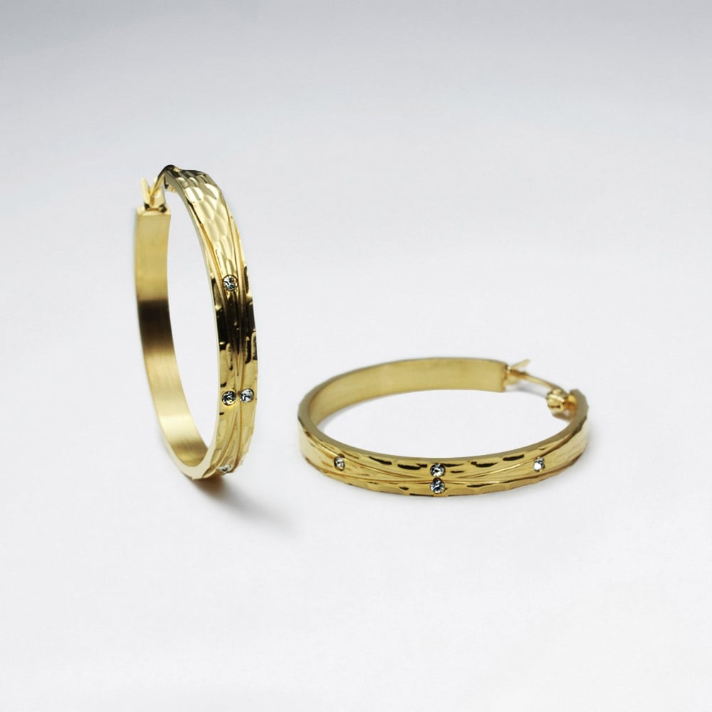 Stainless Steel & Crystal Textured Hoop Earrings