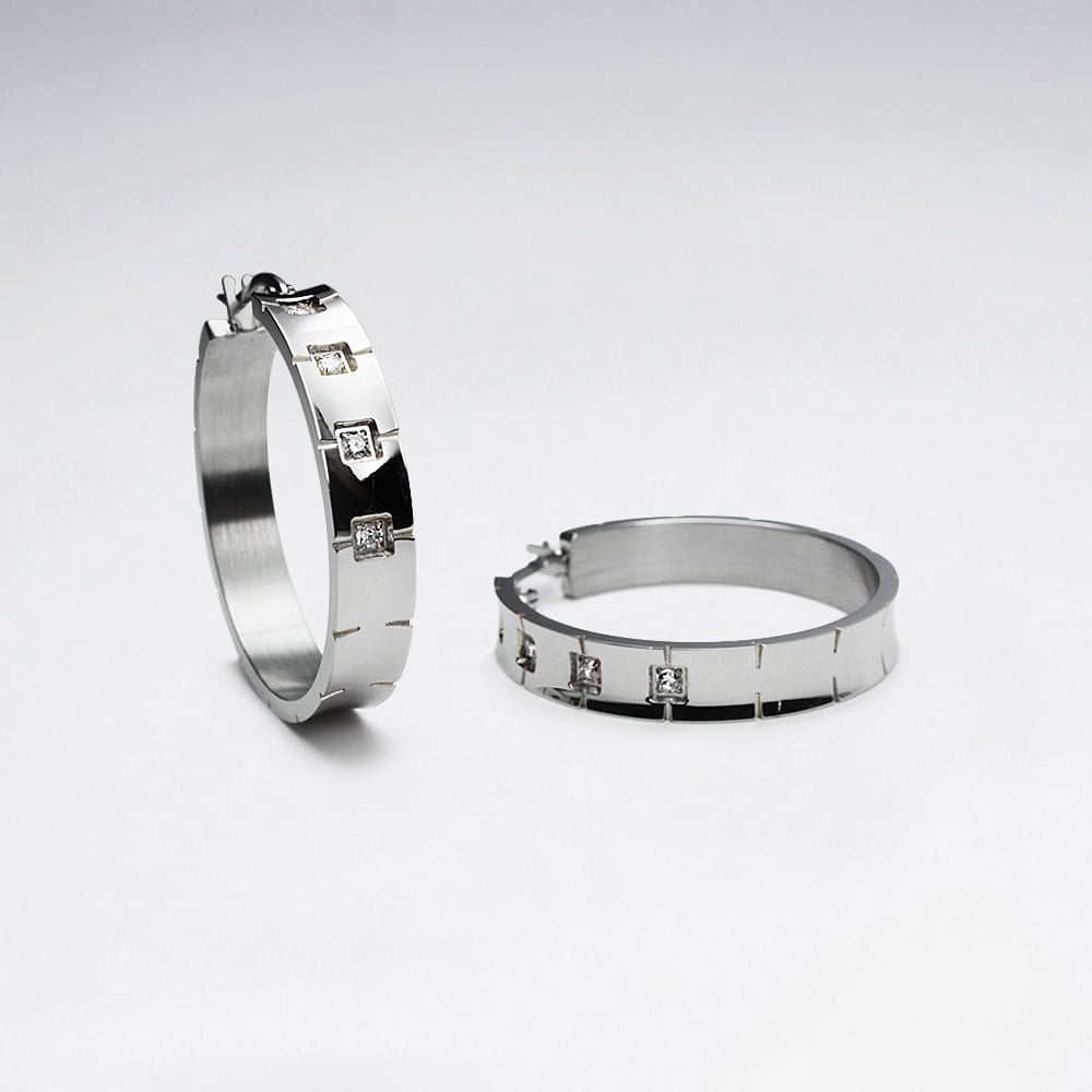 Stainless Steel & Crystal Squared Style Hoop Earrings