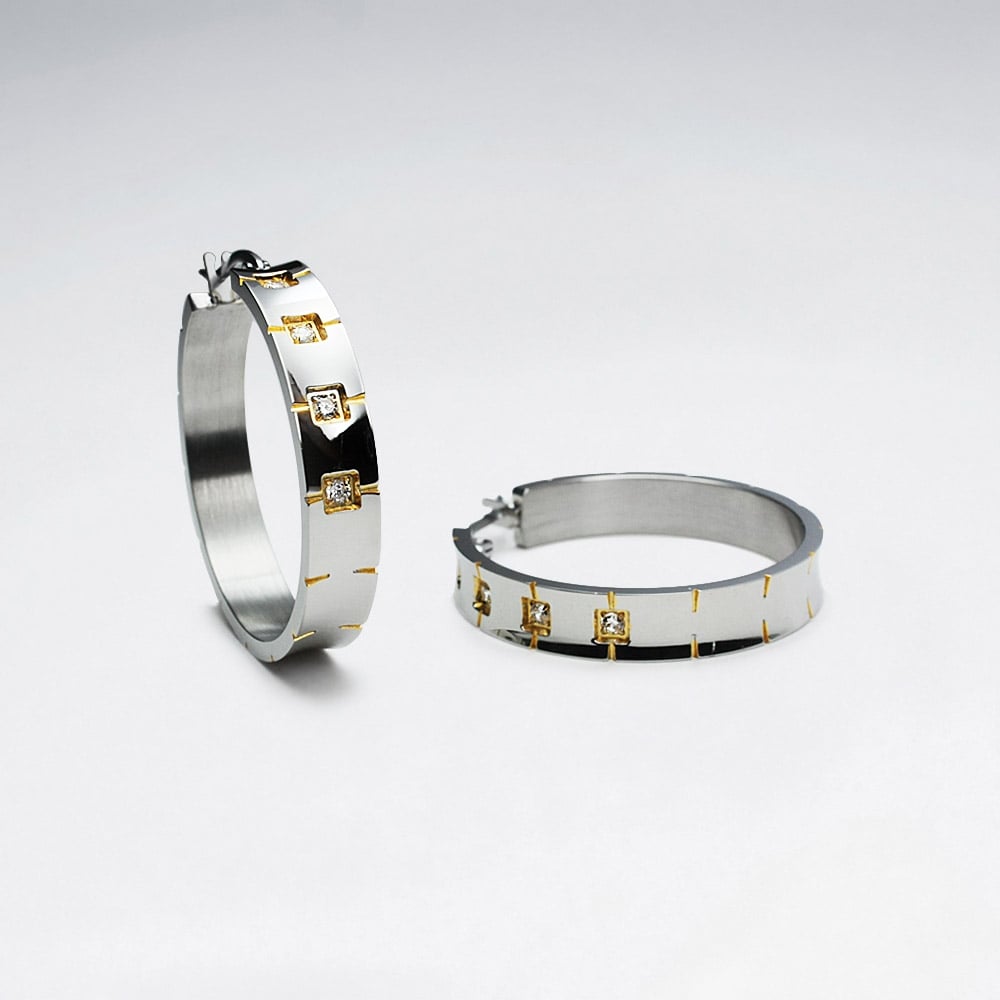 Stainless Steel & Crystal Squared Style Hoop Earrings