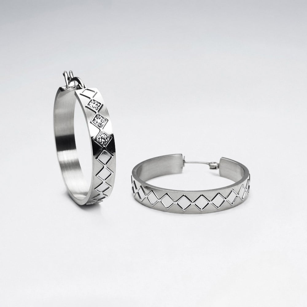 Stainless Steel & Crystal Lattice Etched Hoop Earrings