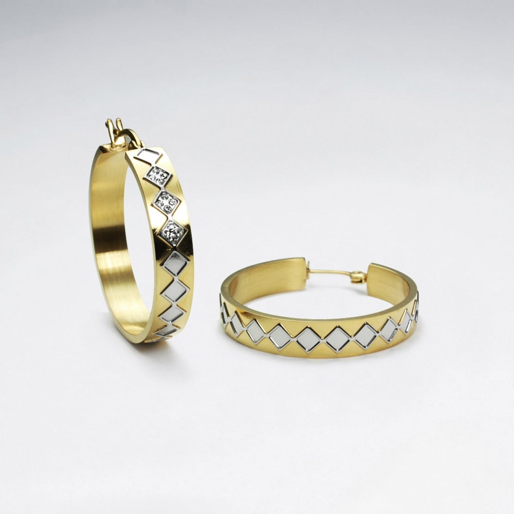 Stainless Steel & Crystal Lattice Etched Hoop Earrings
