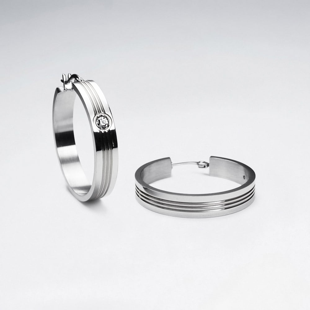 Stainless Steel Crystal Tri-Spinner Hoop Earrings
