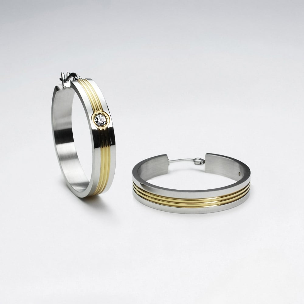 Stainless Steel Crystal Tri-Spinner Hoop Earrings