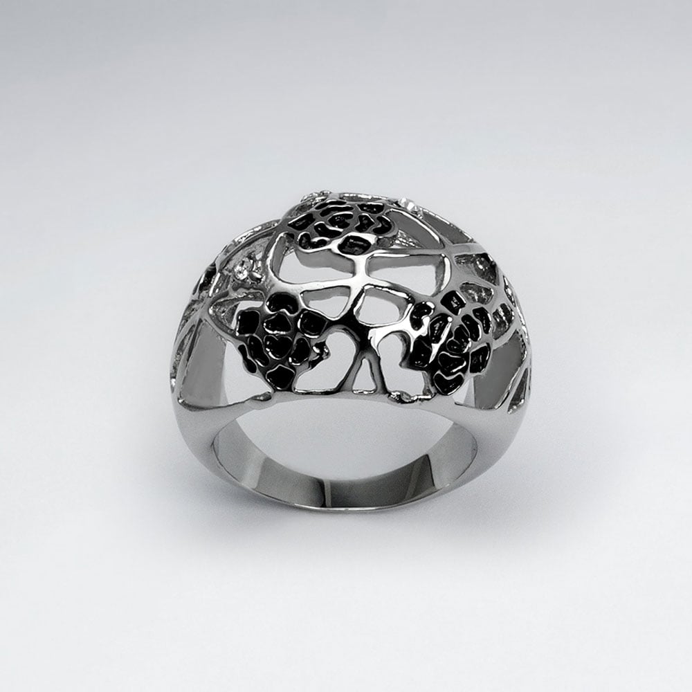 Stainless Steel & Crystal Openwork Floral Design Ring