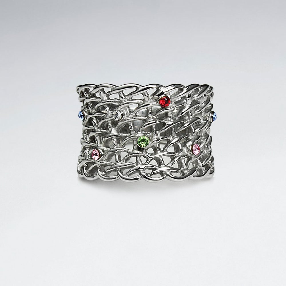 Stainless Steel Chainlink Crystal Studded Fashion Ring