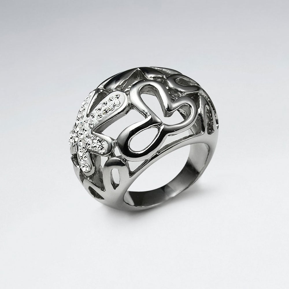 Stainless Steel Crystal Openwork Splat Design Ring