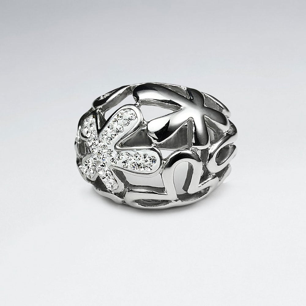 Stainless Steel Crystal Openwork Splat Design Ring