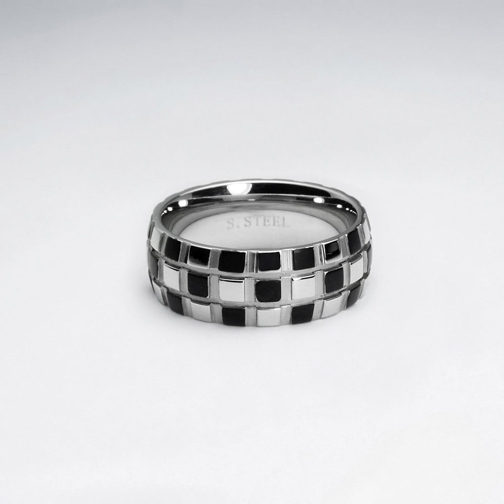 Stainless Steel Checkered Print Ring