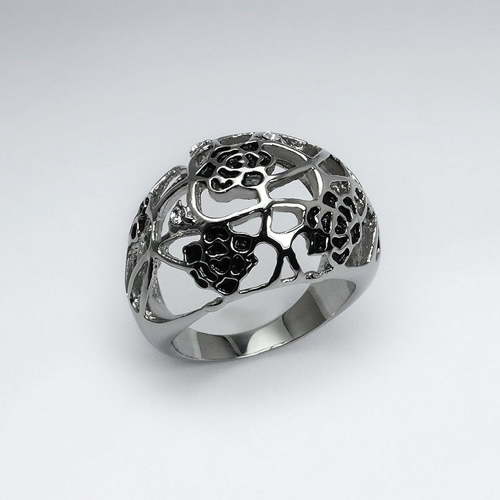 Stainless Steel & Crystal Openwork Floral Design Ring