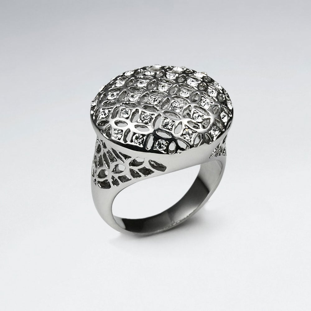 Stainless Steel Lattice Cut Crystal Woven Statement Ring