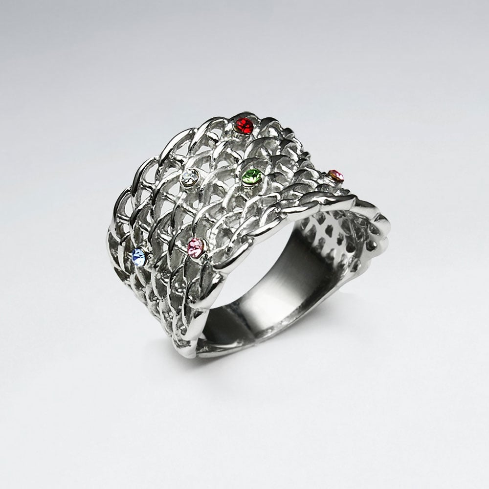 Stainless Steel Chainlink Crystal Studded Fashion Ring