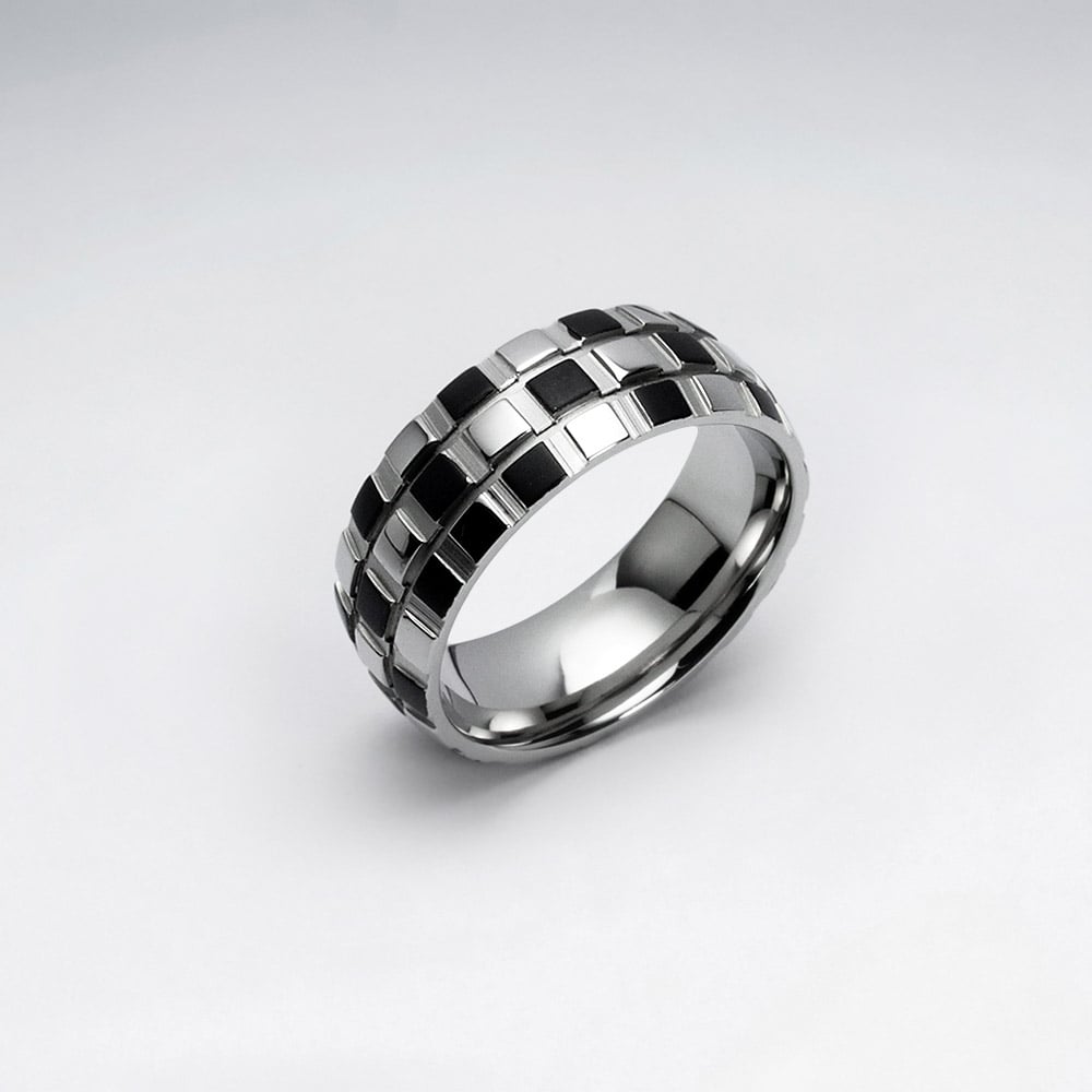 Stainless Steel Checkered Print Ring