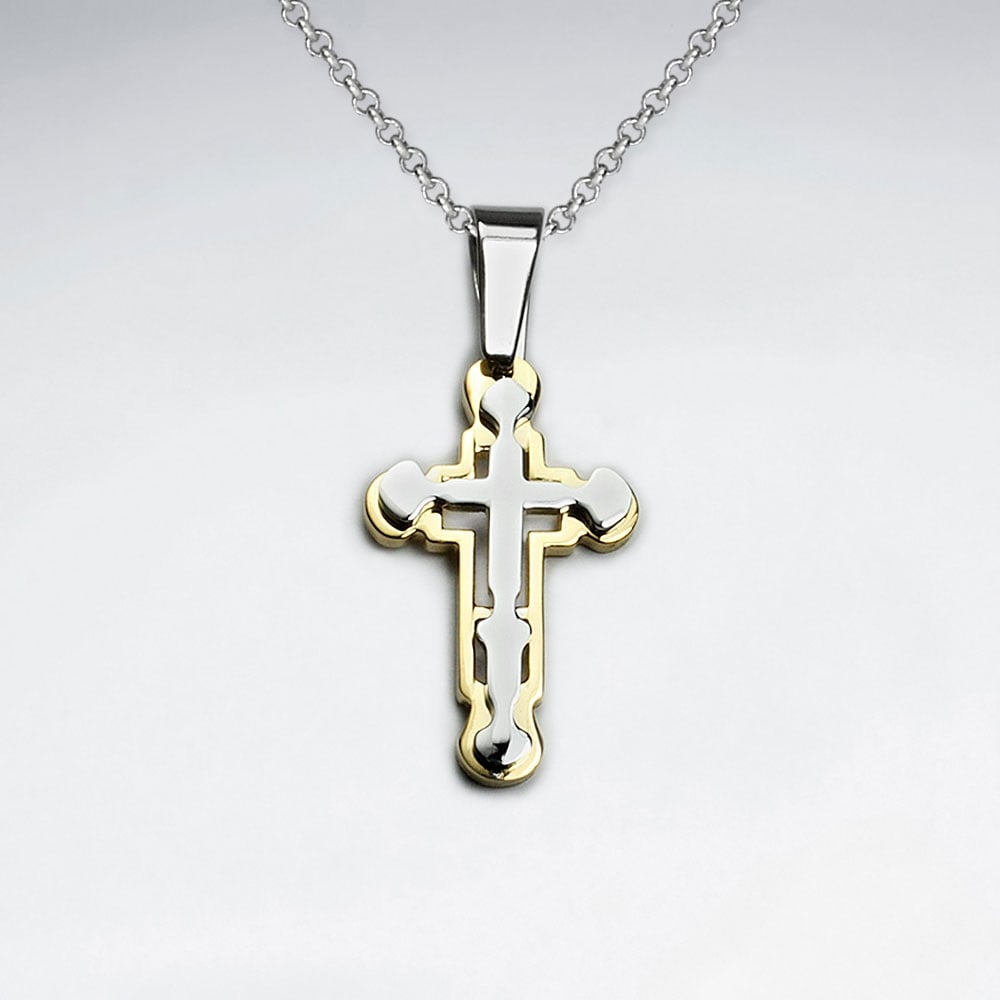 Stainless Steel Silver & Yellow Cross Pendant