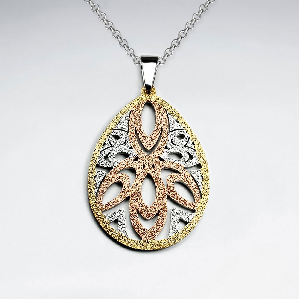 Stainless Steel Textured Tri-Tone Openwork Ornate Designs Egg Pendant