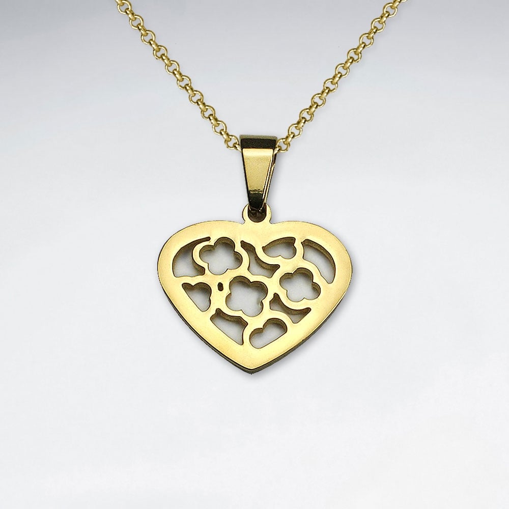 Stainless Steel Goldtone Trefoil Openwork Heart Pendant