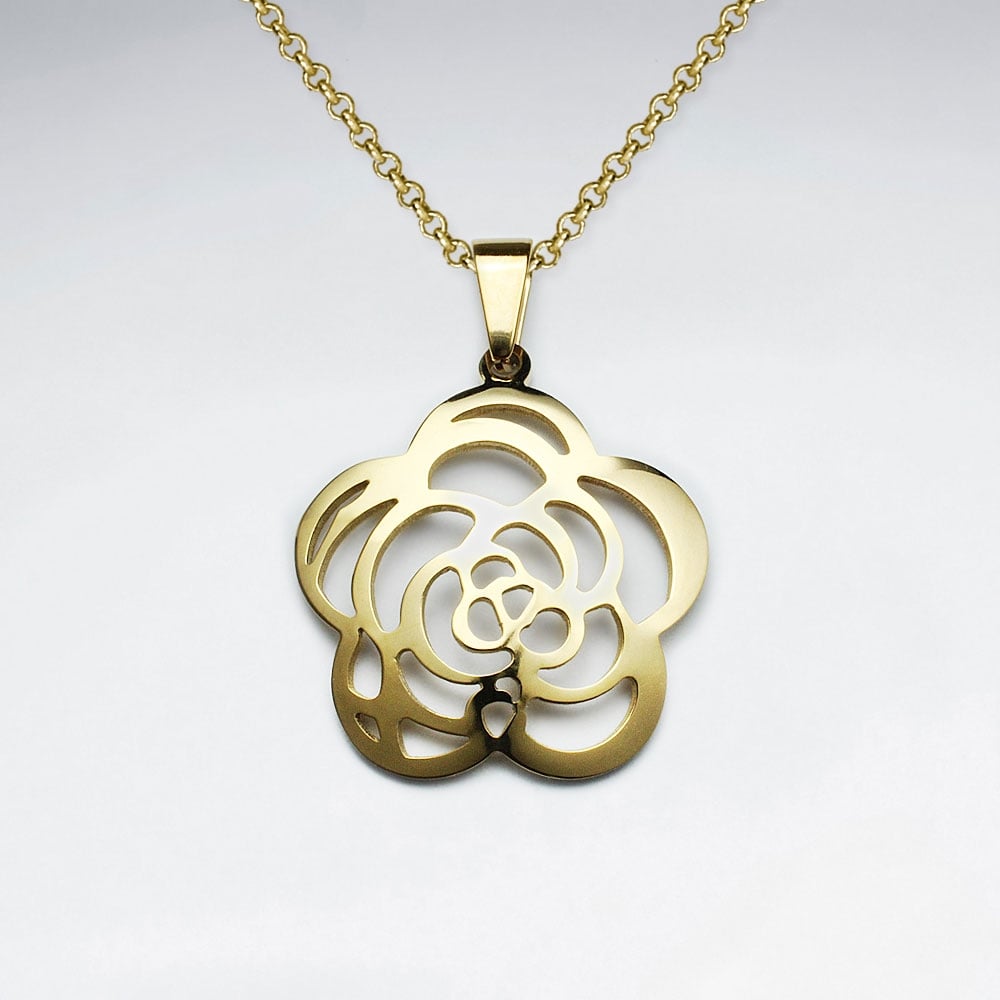 Stainless Steel Smooth Goldtone Openwork Rose Pendant