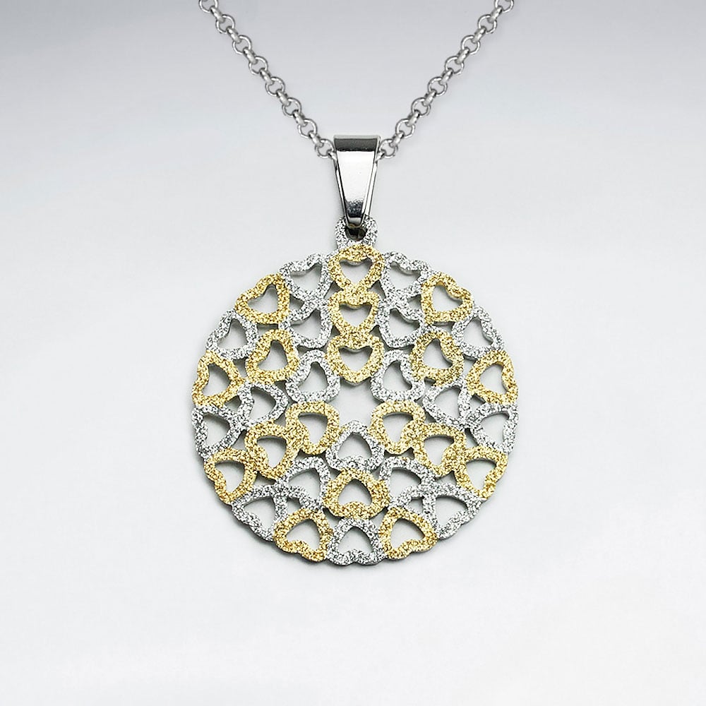 Stainless Steel Duel Toned Multi Hearts Openwork Circle Pendant