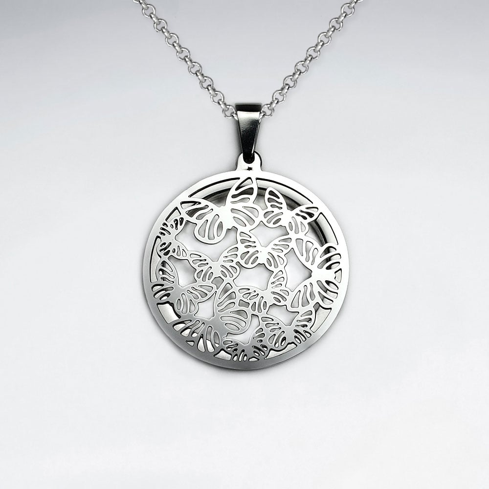 Stainless Steel Butterfly Cutout Circle Pendant