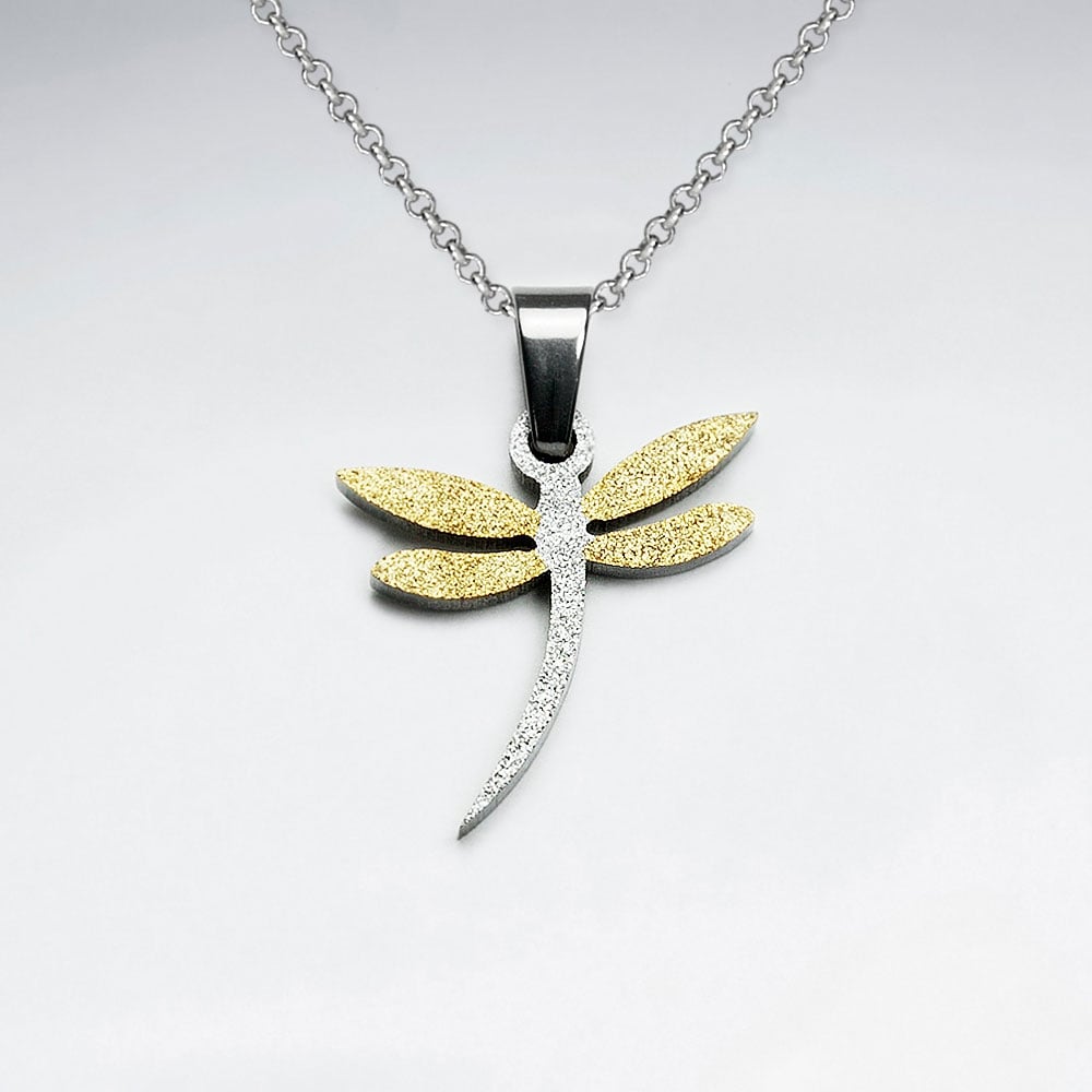 Stainless Steel Two Toned Textured Dragonfly Pendant