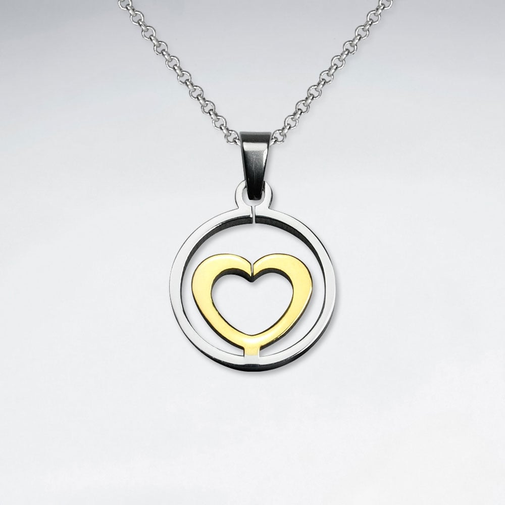 Stainless Steel Two-Tone Openwork Circle Heart Pendant