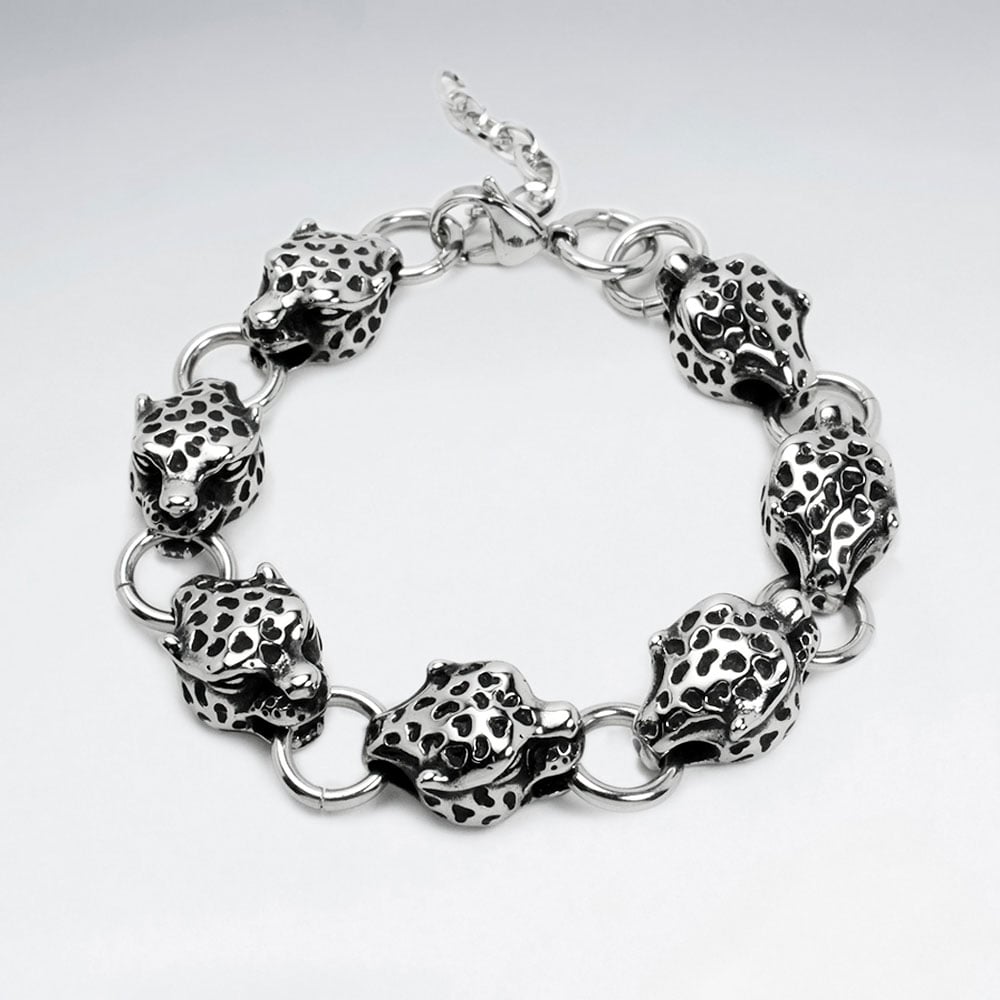 Stainless Steel Oxidized Leopard Head Link Bracelet