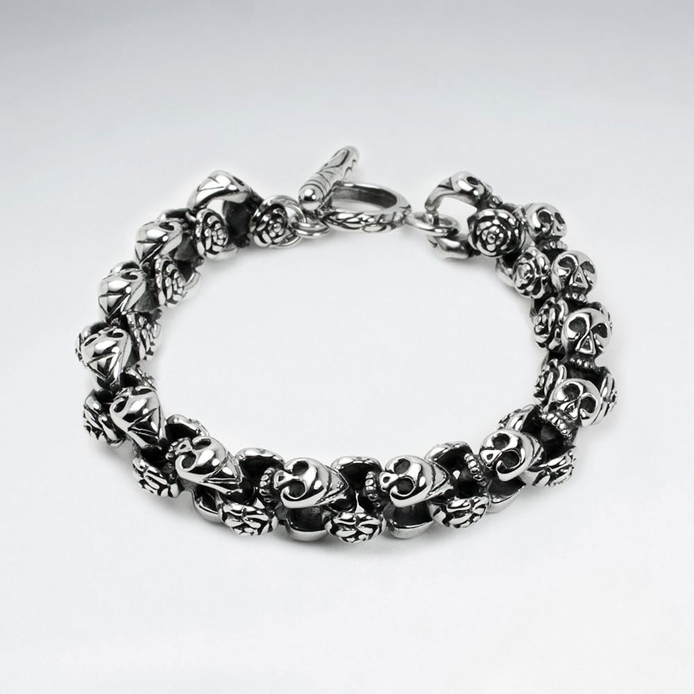 Stainless Steel Oxidized Skull Head Link Bracelet