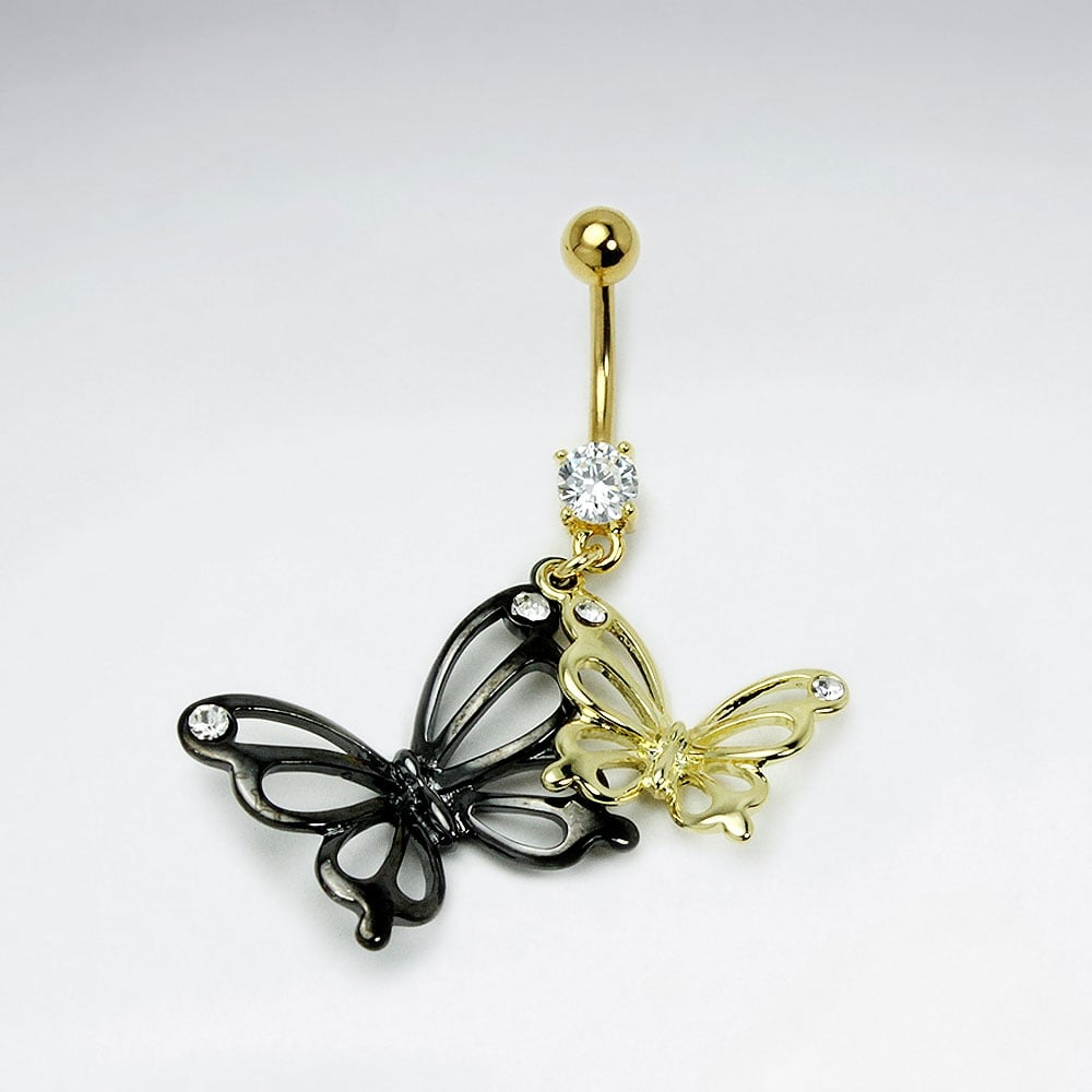 Stainless Steel Crystal Duel Tone Big & Little Butterflies Body Piercing
