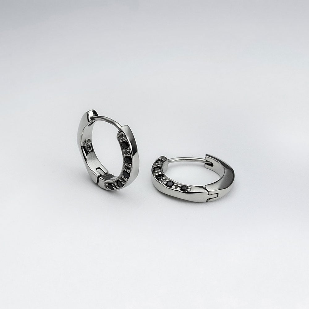 Stainless Steel Black Jet Gem Encrusted Huggie Hoop Earrings