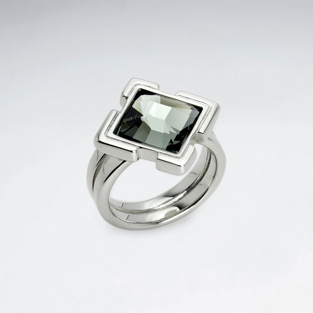 Stainless Steel Black Diamond Puzzle Marquis Ring