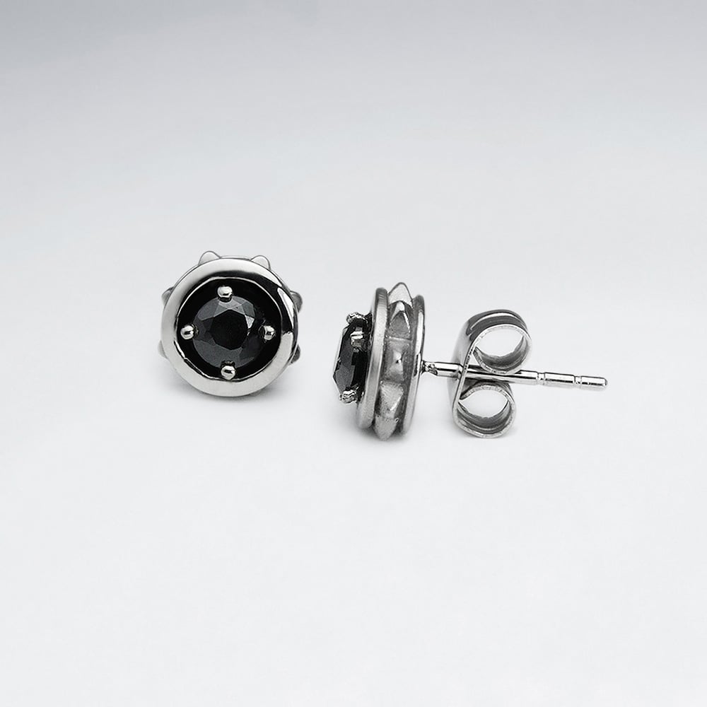 Stainless Steel Black Jet Round Cut Earrings