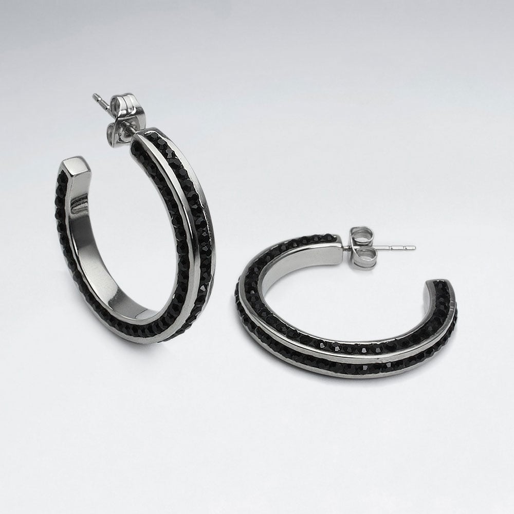 Stainless Steel Black Jet Half Hoop Earrings