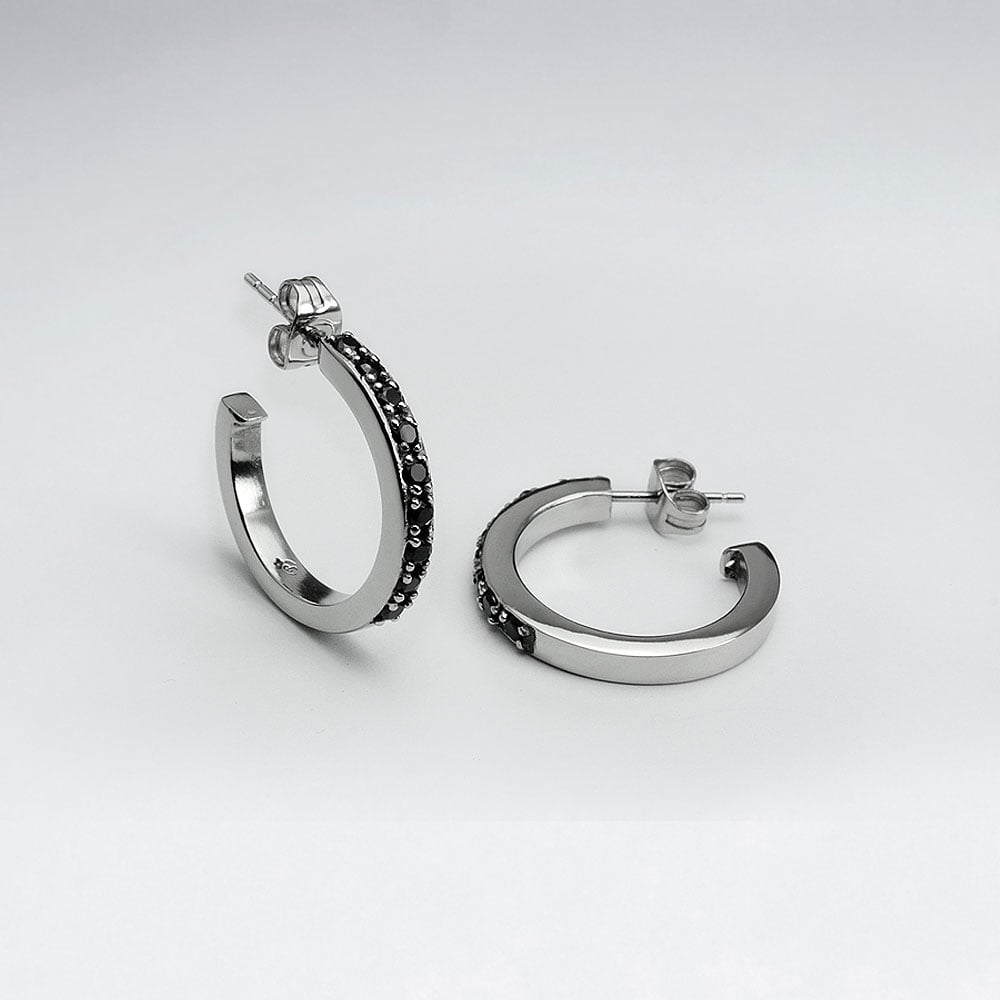 Stainless Steel Black Jet Gem Studded Half Hoop Earrings