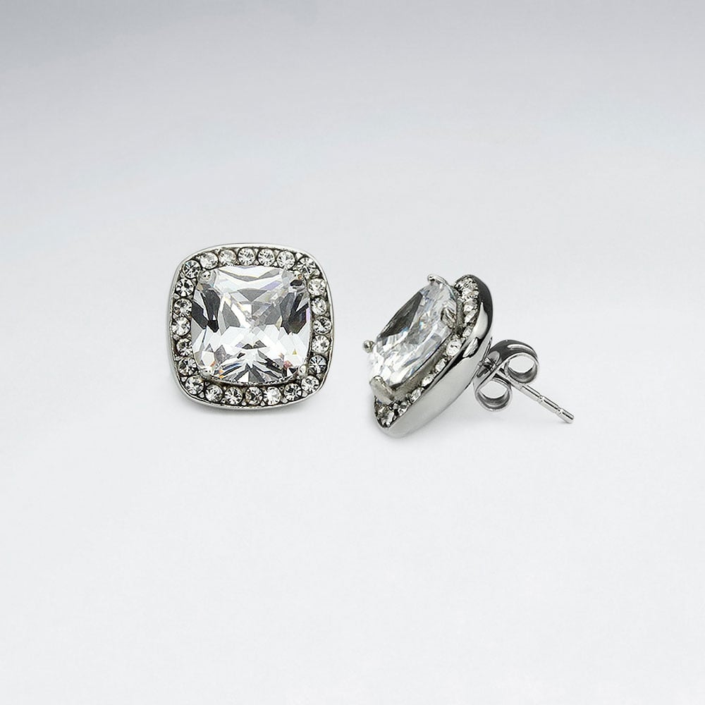 Stainless Steel Ear Candy Square Crystal Earrings