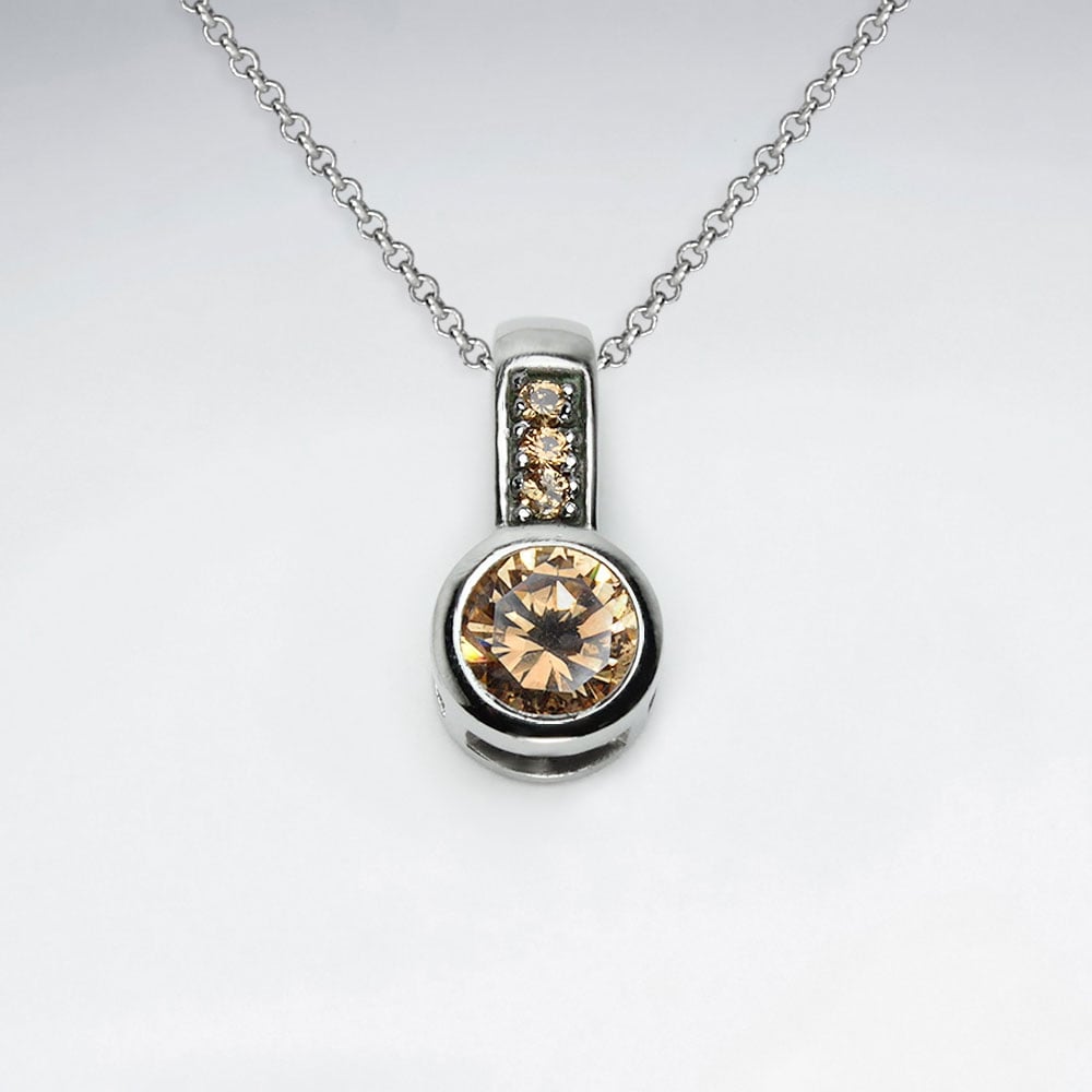 Stainless Steel Light Colorado Topaz Circle Drop Pendant